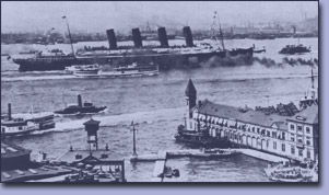 Die Lusitania läuft zu ihrer Jungernfahrt aus, 1907
