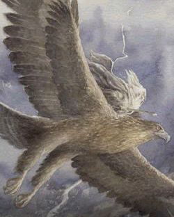 Gandalf on the back of a huge eagle. Watercolor by Alan Lee.